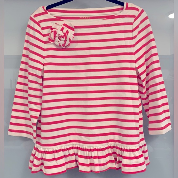 Like New, Kate Spade, Sz Medium, Pink & White Striped Top w/ Floral Rosette - Picture 2 of 11
